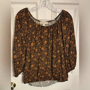 Michael Kors Scoop Neck Peasant Top Blouse Floral Gold Cotton Modal